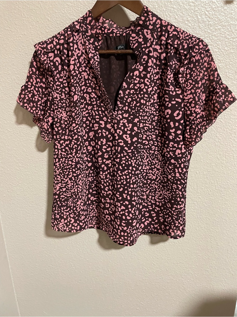 J. Crew Pink and Brown Printed V-Neck Short Sleeve Top